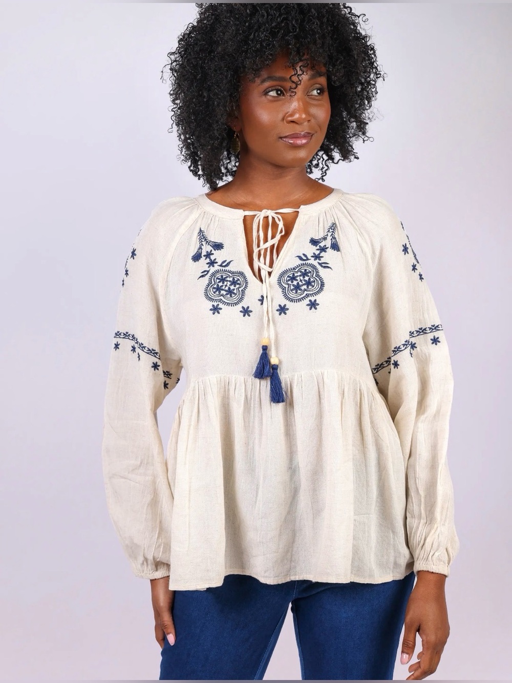 Sacred Threads Linen Blend Cream Embroidered Peasant Blouse with Navy Tassels